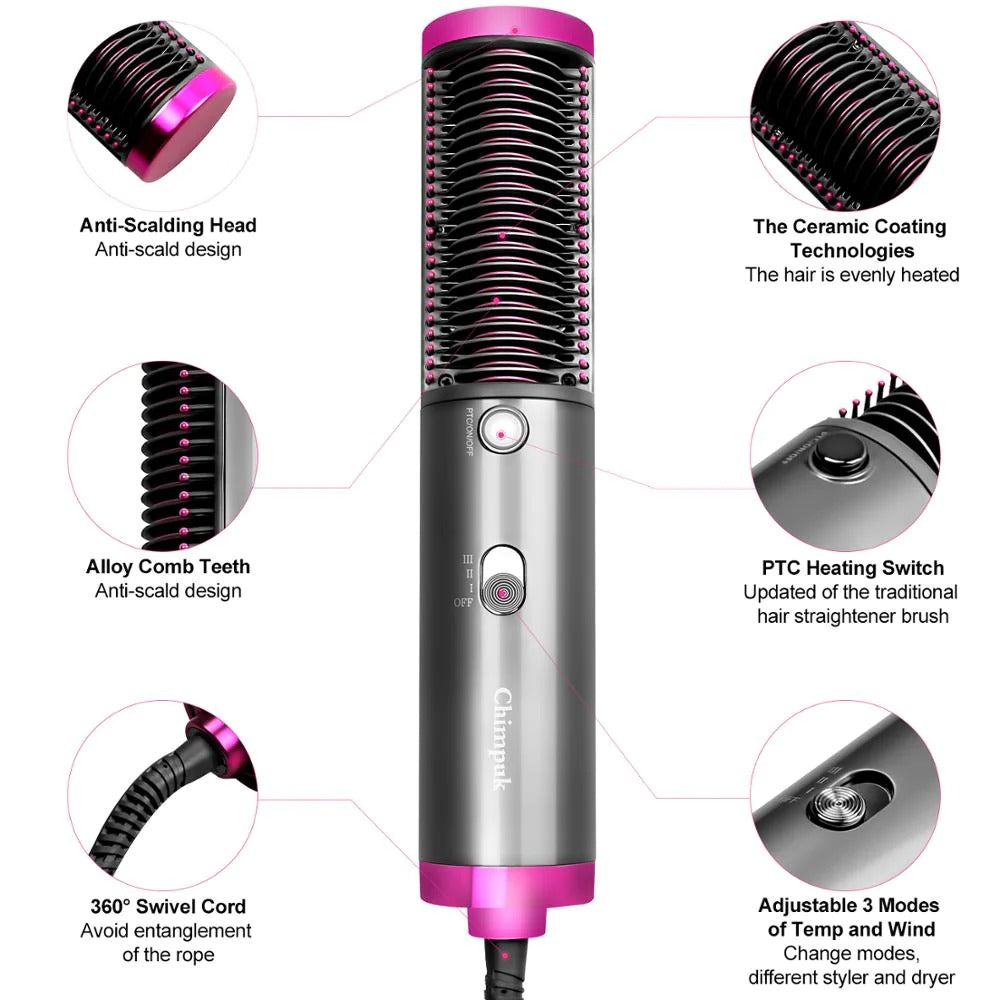 NEW HOT AIR HAIR DRYER BRUSH 3 IN 1 HAIR BLOW DRYER STRAIGHTENER VOLUMIZER NEGATIVE ION STYLER COMB KIT FOR WET DRY HAIR